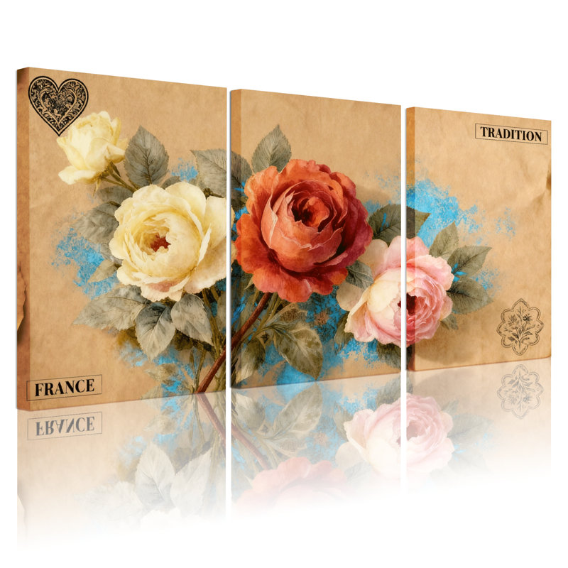 Ensemble de 3 reproductions d'art sur toile roses rétro avec tradition française, H 30 po x l 60 po