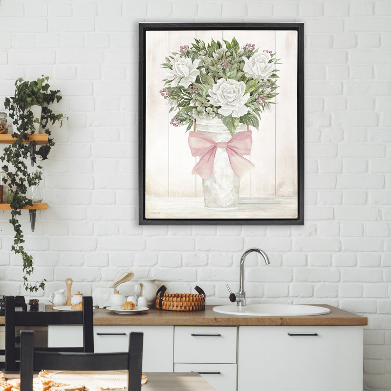 Joli cadre flottant avec roses roses et nœuds, design par Cindy Jacobs, H 31 po x l 25 po, Cadre flottant noir de jais