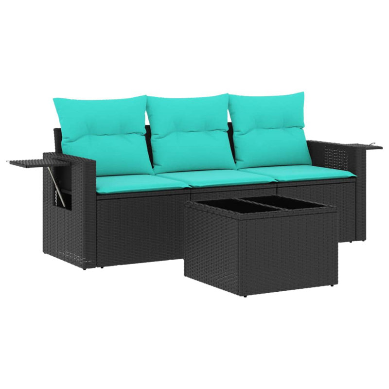 Ensemble de canapé de patio 4 pièces avec coussins en rotin de polyester, Bleu clair, Noir