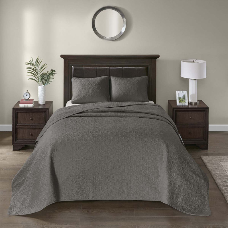 Reversible Set, Queen Bedspread + 2 Standard Pillow Shams, Dark Gray