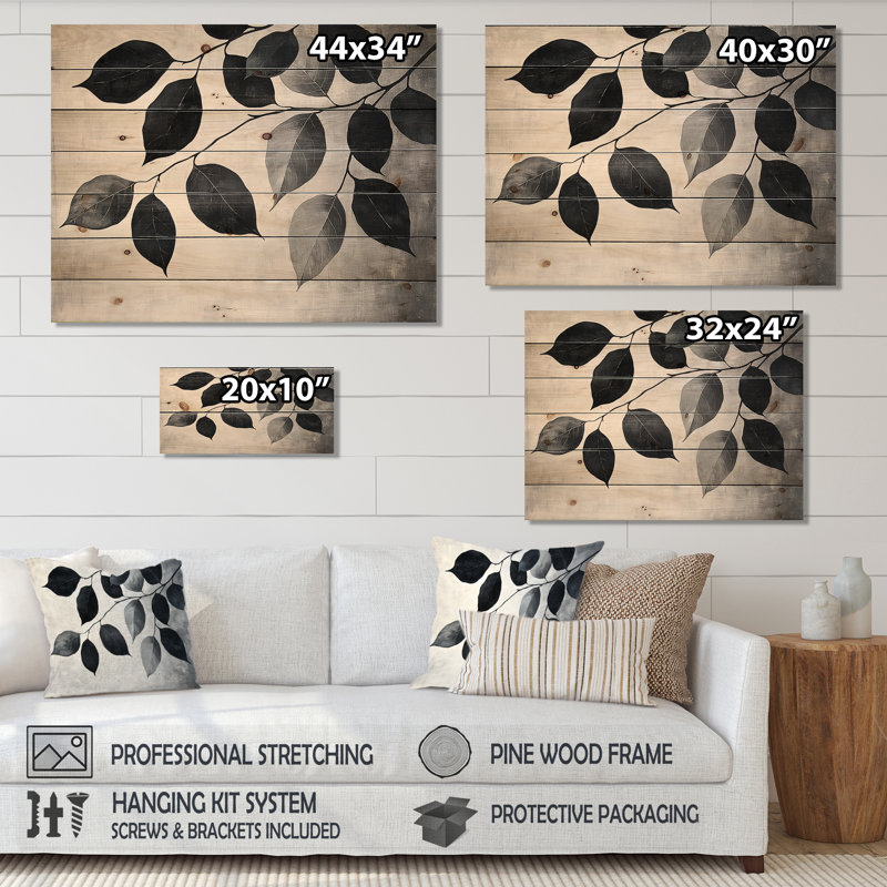 Feuille noire ombre silhouette IV - feuilles, décoration murale en bois - sur bois de pin naturel, H 10 po x l 20 po