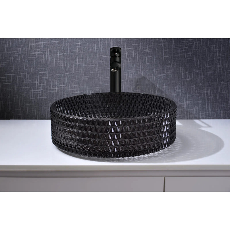 Scotch 14" Round Diamond Textured Glass Vessel Bathroom Sink - Timeless Collection, Black, 14"