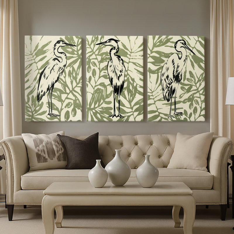 Retro Parlor Heron I - Toile tendue avec châssis sur mesure - 3 pièces, H 48 po x l 96 po