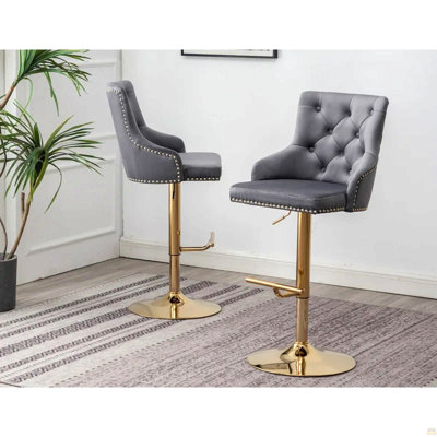 Adjustable Swivel Bar Stool (Set Of 2) With Gold Base, Velvet Upholstered Kitchen Chair, Nailhead Trim And Tufted Back, Black