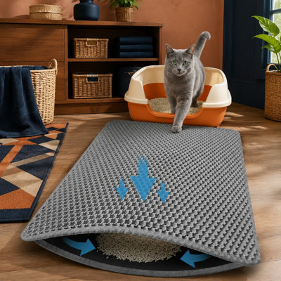 A durable gray 23.4 x 14.7 in double-layer honeycomb litter mat made from ultra-soft, BPA-free, non-toxic EVA; its base is non-slip and urine-proof, while the trapping surface is washable and easy to clean.