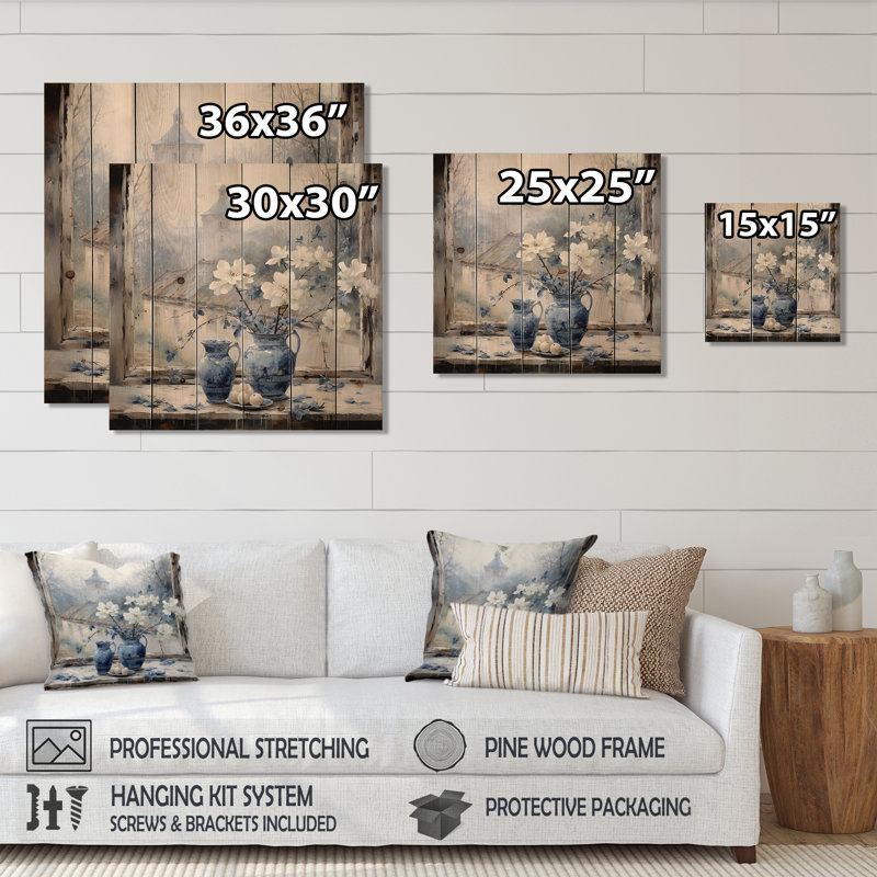 Charme de fenêtre floral blanc et bleu antique - fenêtres de ferme sur imprimé bois, H 36 po x l 36 po
