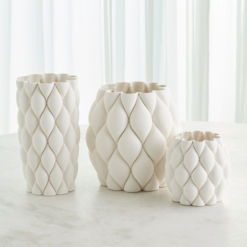 Pillowed Printed Vase-Matte White-Lg, 9.75" H x 9.25" W x 9.25" D