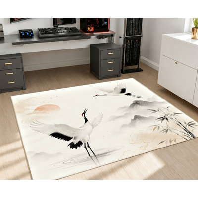 Tapis à motif artistique de grues et de soleils, style élégant effet délavé, surface en velours, antidérapant et lavable à la machine, idéal pour la décoration intérieure du salon, de la chambre, de la salle à manger, du couloir, du balcon ou d'un appartement.