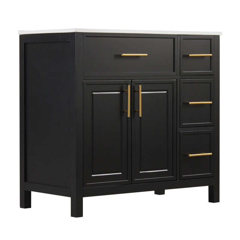 Meuble-lavabo de 36 pouces avec lavabo à gauche, armoire et deux portes en bois massif, trois tiroirs, finition peinte, poignées dorées pour un accès facile au lavabo de 36 pouces, construction, portes, eau