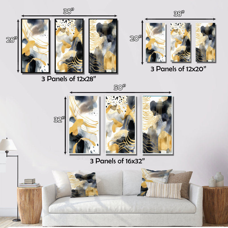 «Pastel Abstract with Blue Black and Gold Spots V», 3 pièces sur toile, Toile tendue, H 20 po x l 36 po