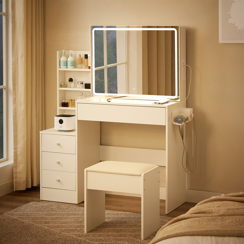 Table de coiffeuse avec miroir éclairé par DEL avec prise de courant et étagère pour sèche-cheveux