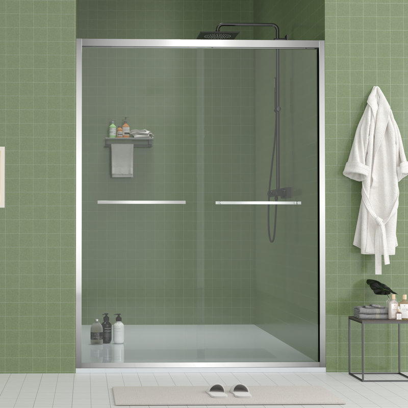 56 - 60" Adjustable Width Finished Sliding Glass Shower Enclosure With 8Mm & Tempered Glass, Double Handle Design, Safe And Worry Environment Hardware Door 5/16"  8Mm  Clear Mute Rollers, Chamfer