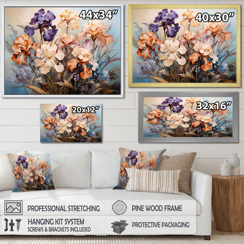 Mauve et pêche iris, charme intemporel sur toile, Cadre doré simple, H 16 po x l 32 po x P 1 po
