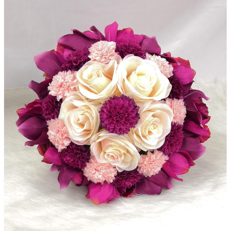 Bouquet d'orchidées artificielles avec œillets et ruban de strass, Rose et magenta