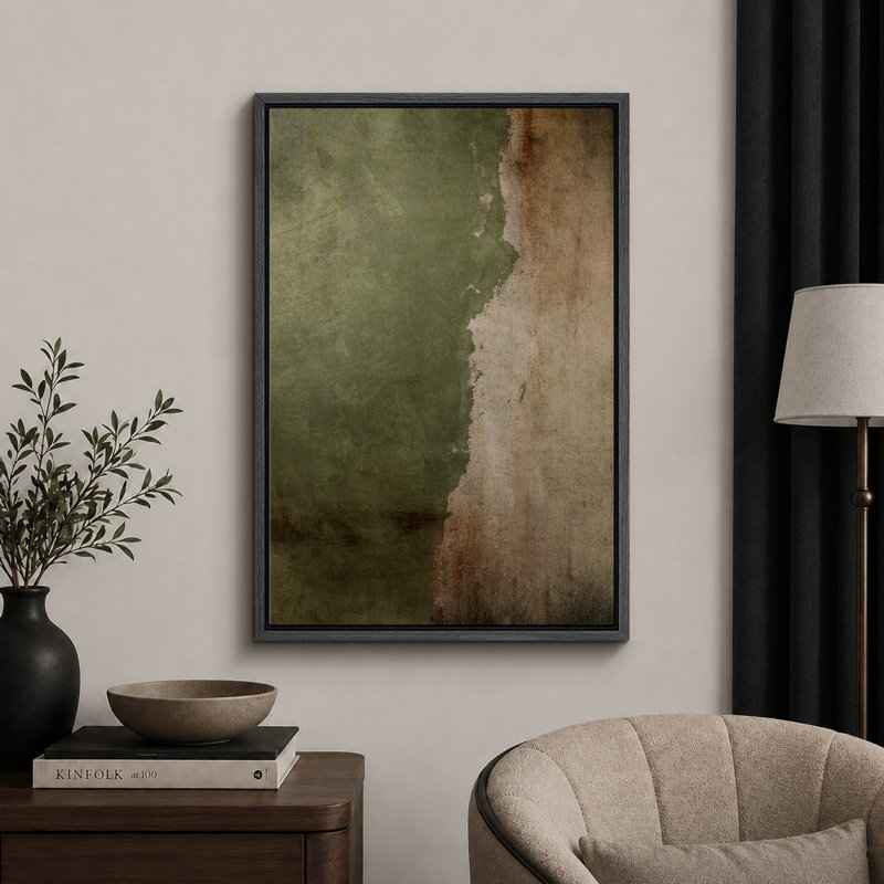 Œuvre d'art vert et beige vieilli, images murales abstraites rustiques modernes, impression sur toile encadrée, Noir