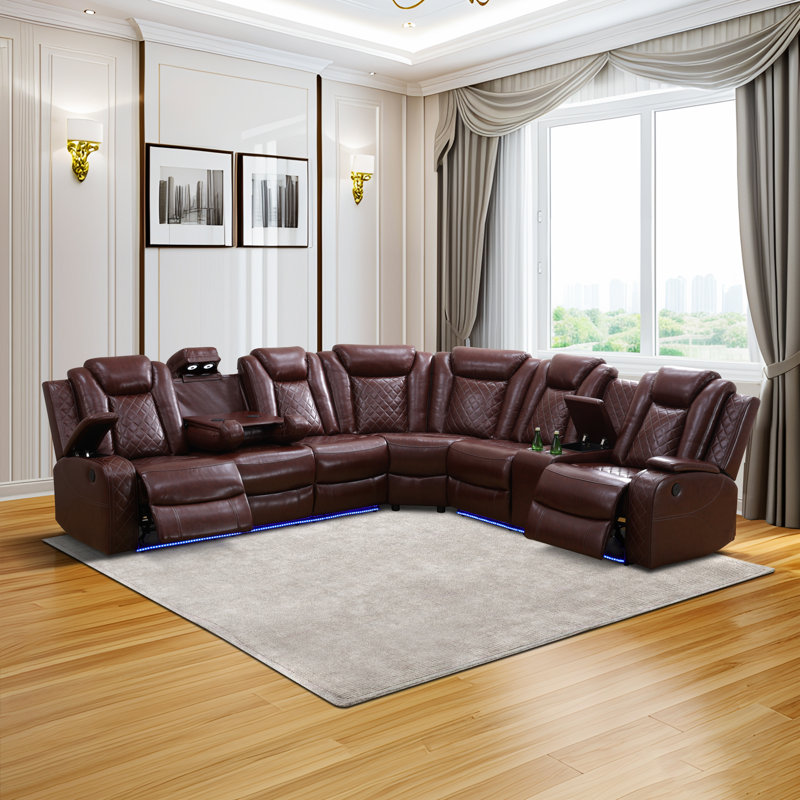 Fauteuil modulaire inclinable électrique avec lumière DEL, Similicuir brun