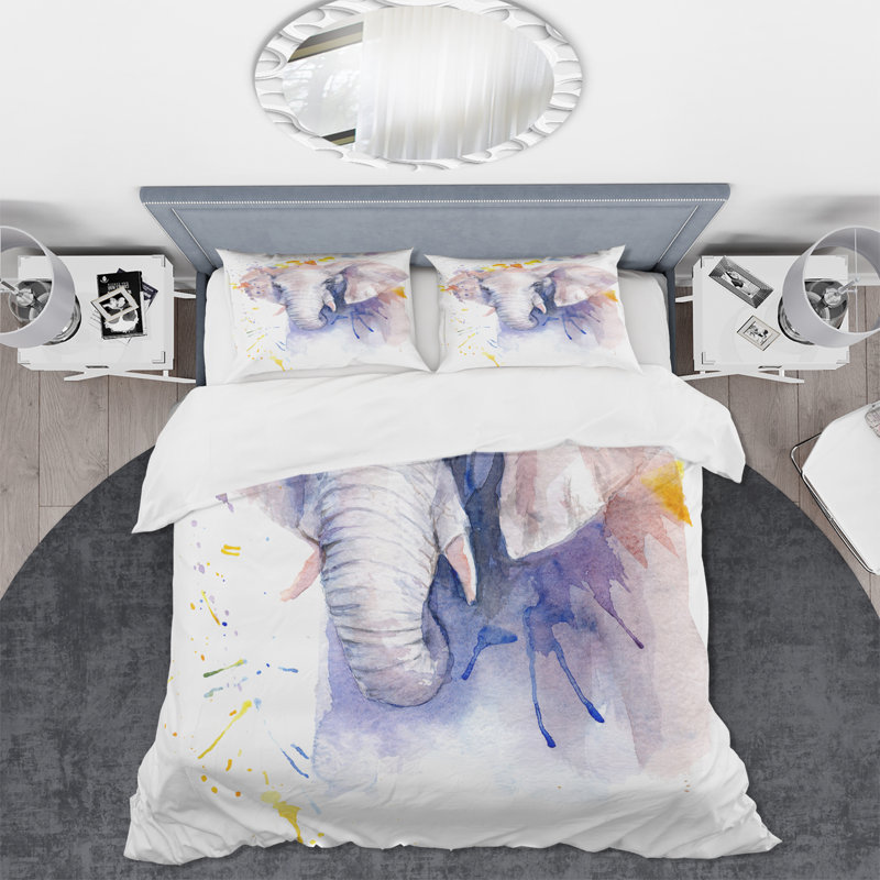 Portrait d'un éléphant en fleurs - Ensemble de housse de couette Farmhouse - Microfibre de polyester