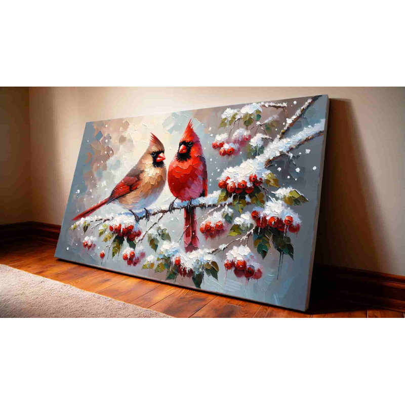 «Winter's Duet: Cardinal pair on Snowy Branch», reproduction sur toile tendue, H 20 po x l 36 po x P 1,5 po