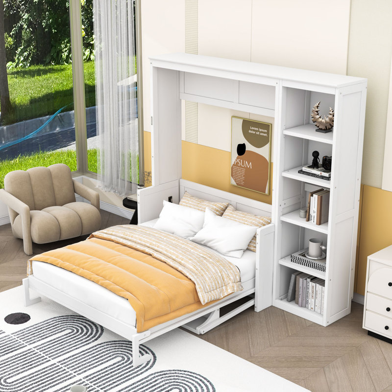 Lit escamotable avec bureau et bibliothèque Murphy, Double, Blanc