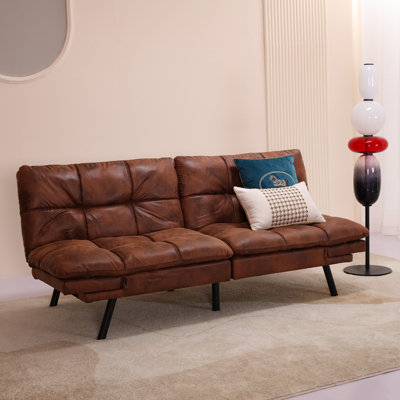 71" Mid Century Modern Leather Convertible Futon Twin Size With Adjustable Arms