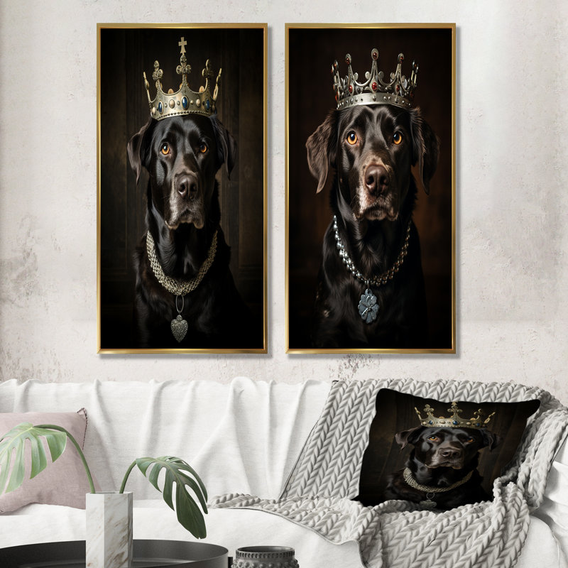 «Crowned Royal Labrador Dog I», ensemble de 2 décorations murales pour chien, H 40 po x l 41 po, Encadrement doré