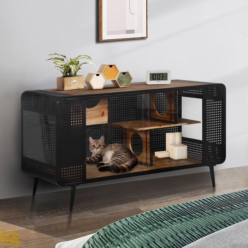 Maison de chat spacieuse avec verre trempé pour le salon, Noir