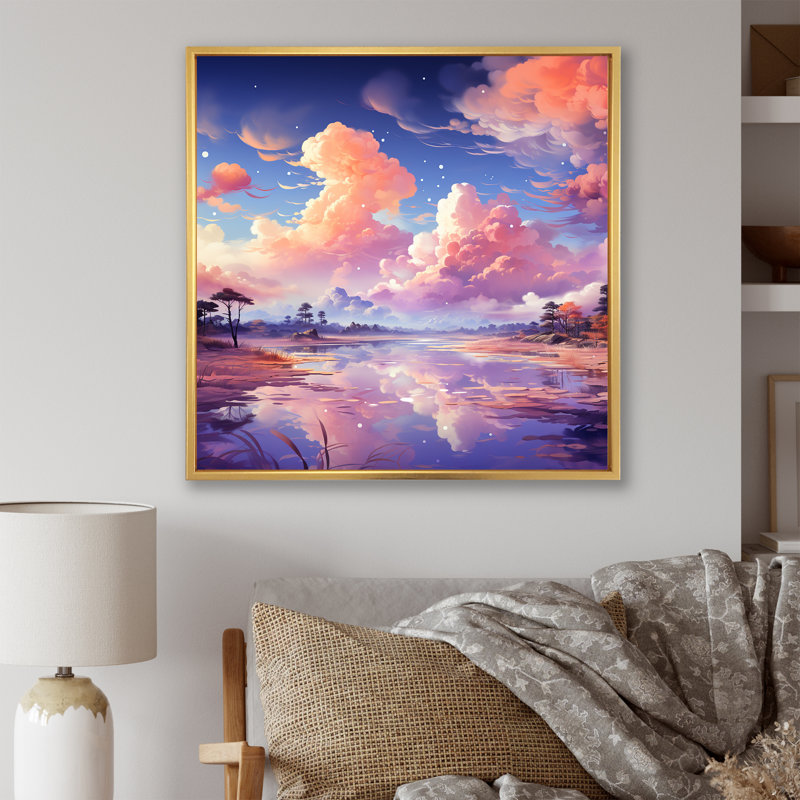 Rose et bleu calme aquarelle ciel I - fruits, art mural, Cadre flottant doré, 30" H x 30" W