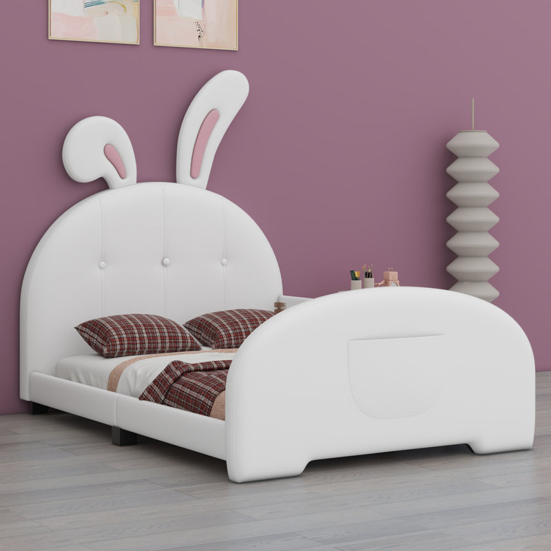 Lit princesse rembourré en forme de lapin avec tête et pied de lit, blanc