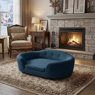 Modern Oversized Semi-Enclosed Dog Sofa with Linen Upholstery and Button-Tufted Backrest for  Home Living Areas