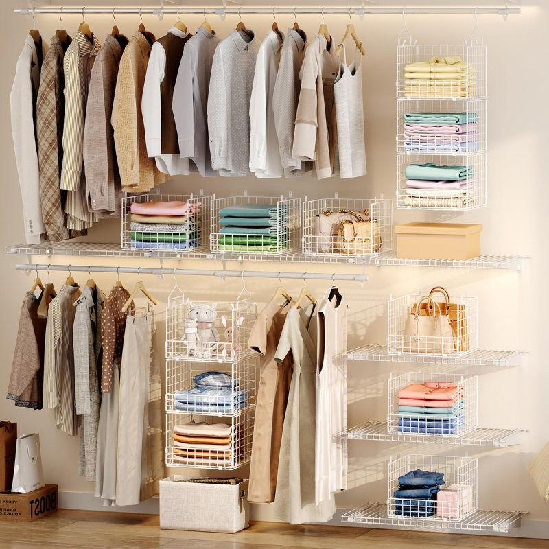Organisateur de garde-robe pliable à 3 niveaux avec 5 crochets en S, White