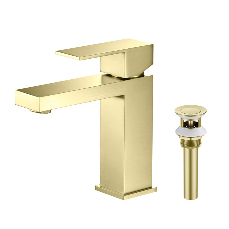 Robinet de lavabo de salle de bain à poignée simple avec bonde escamotable, Or brossé
