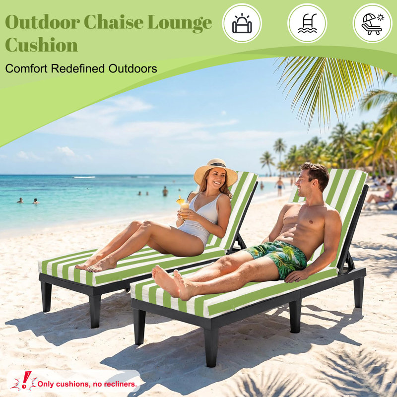 Outdoor 3'' Chaise Lounge Seat / Back Cushion, 72" X 21", Waterproof Fade Resistant (set Of 2), 2, Olive Green White Stripes