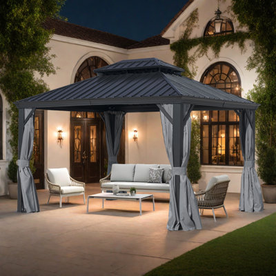 Outdoor Aluminum Hardtop Gazebo with Double Metal Roof and Curtains for Backyard, Garden, Patio