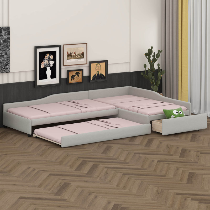Twin Size L Shaped Bed With Trundle And Drawer, Upholstered Double Twin Size Daybed Frame, Corner Bed Frame