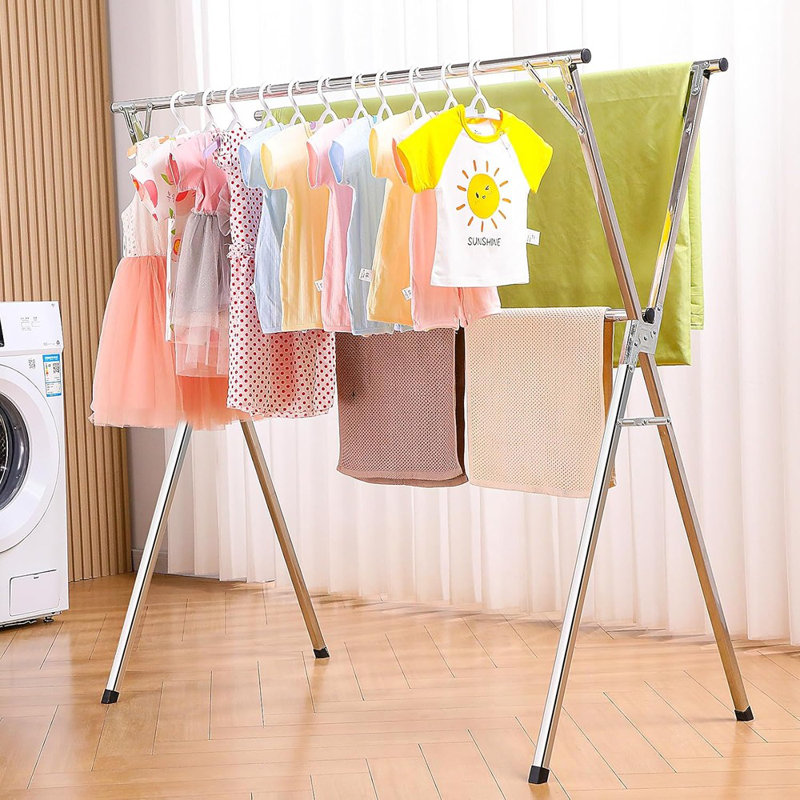 Séchoir à vêtements pliable réglable le plus amusant, séchoir à linge en acier inoxydable avec crochets et pinces, conception robuste pour l'intérieur, l'extérieur et le balcon