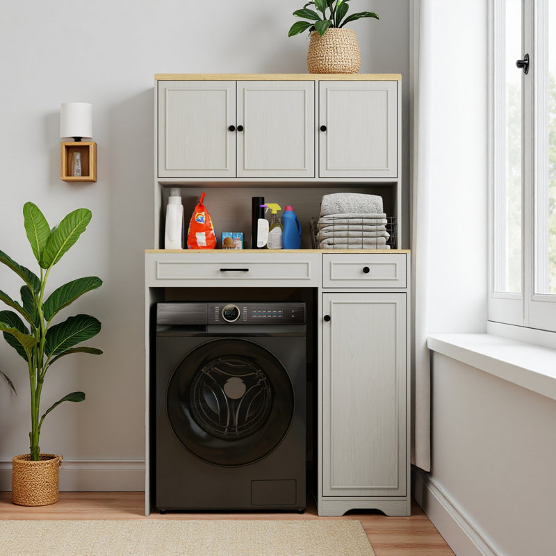 Over The Washer, Dryer And Robot Vacuum Storage Cabinet Suitable For Compact Washing Machines, Laundry Room Storage Organizer With 1 Laundry Basket, 1 Drawer And 2 Adjustable Shelves