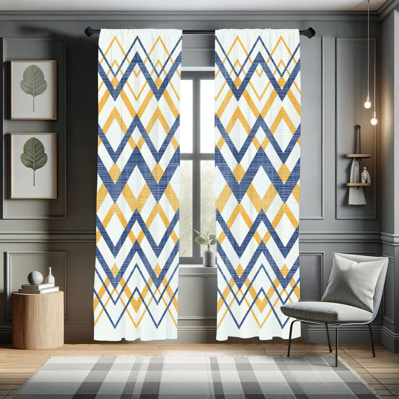 Ebern Designs Chevron Curtains, Vintage Zigzag Stripes Art, Pair of 28", Night Blue, 28" W x 95" L