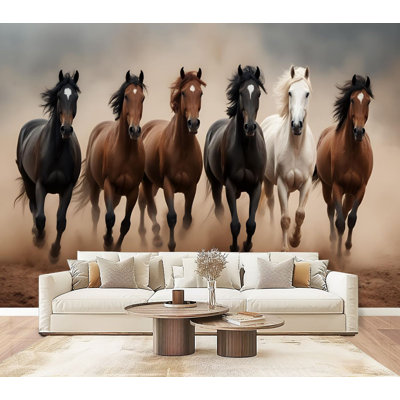 Peel and Stick Wallpaper Horse Area Rug Carpet Floor Washable Mats Rugs Running Six Horses Dust Wall Murals 69"H x 96"W Removable PVC Wall Paper Self-Adhesive Wall Decor for Bedroom Living Room Home Office