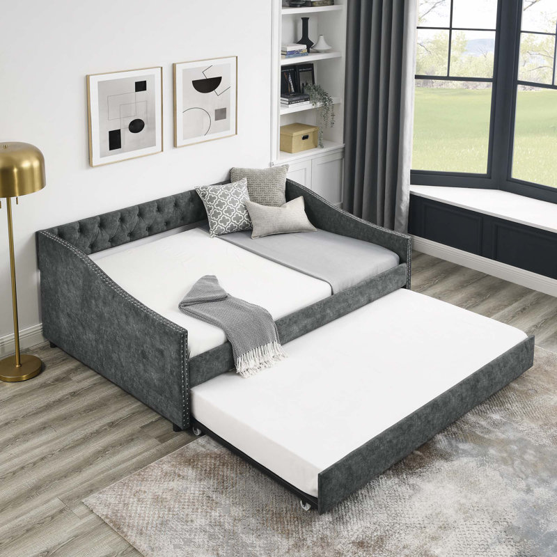 Daybed with Twin Size Trundle, Gray, Full/Double