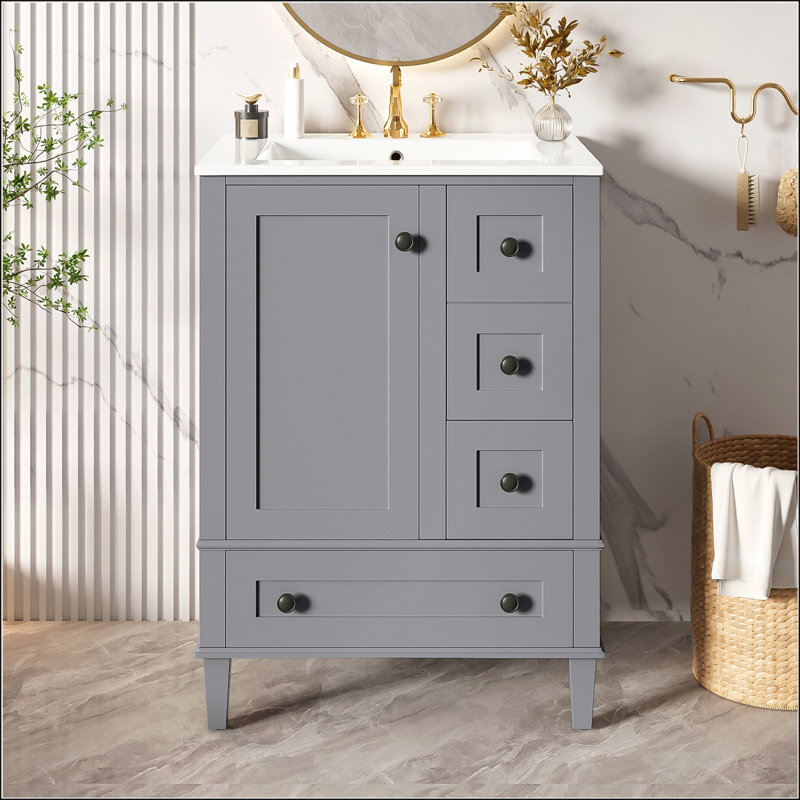 Meuble-lavabo noir de 24 po avec lavabo intégré en céramique, tiroirs à fermeture en douceur et tablette à double couche
