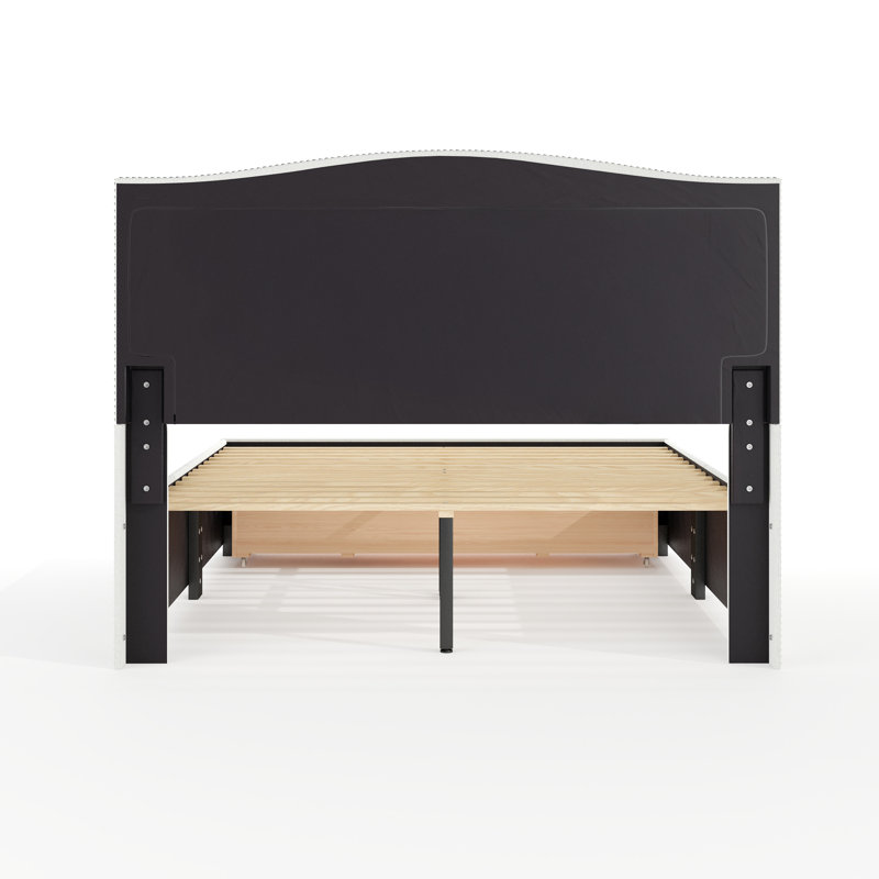 Martha Stewart Nyla Curved Nail Trim Headboard Platform Bed-Large Storage Drawer, Queen
