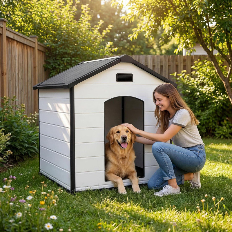 Grande niche pour chien imperméable avec toit amovible et bouches d'aération, chenil intérieur en plastique durable pour petits chiens de taille moyenne et grande, assemblage facile