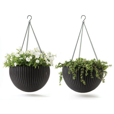 Ensemble de 2 jardinières suspendues rondes en résine rotin pour plantes d'intérieur et d'extérieur - Parfait, Graphite