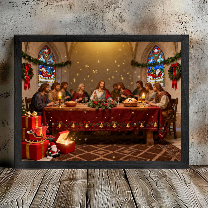 Art mural noir encadré rétro du Père Noël - impressions de décorations de scène religieuse de Noël, H 25 po x l 17 po