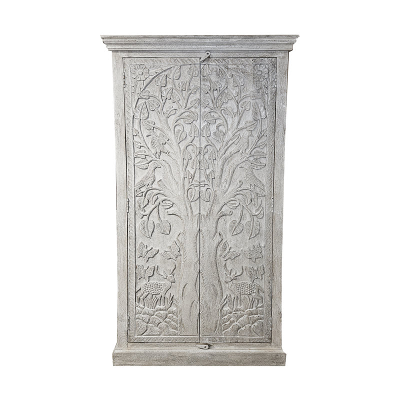 White Antique Hand-Carved Solid Wood Jungle Armoire