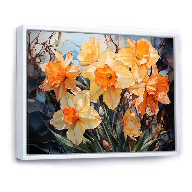 Efflorescence de jonquilles orange, H 12 po x l 20 po x P 1 po, Cadre flottant blanc