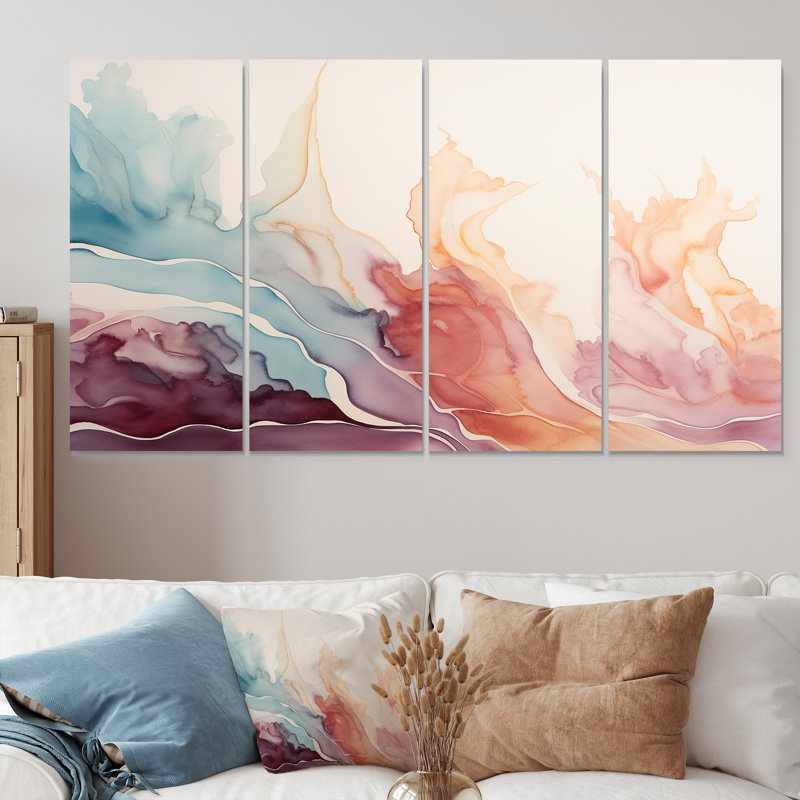 «Sea of Tranquility Subtle Retro Pastels I», art mural abstrait à l'encre liquide, 4 pièces, H 32 po x l 64 po