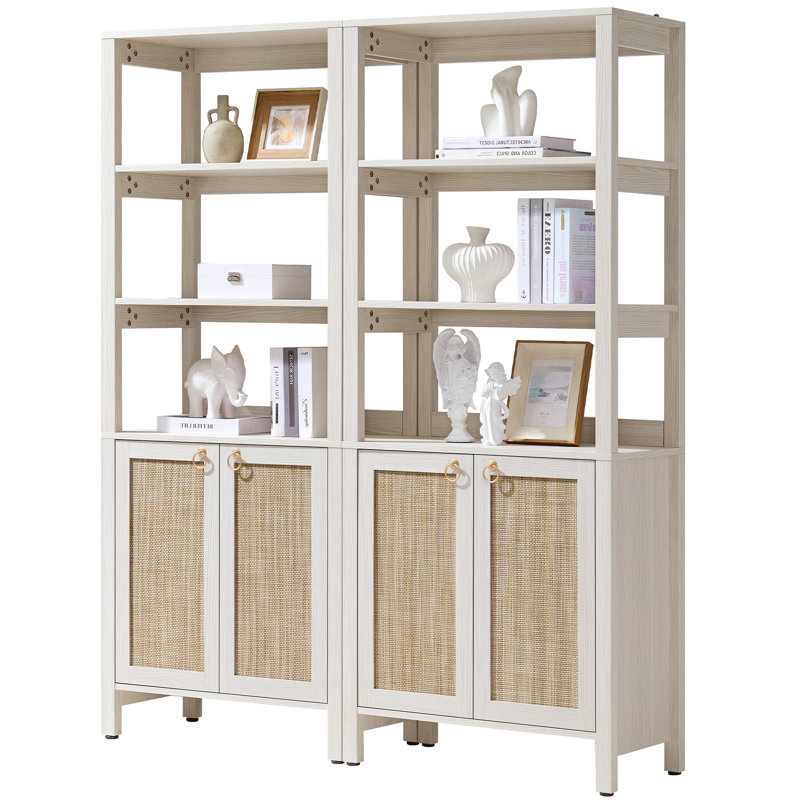 68.5''H Boho - Inspired Rattan Bookcase With Adjustable Shelf And Gold Accents, White