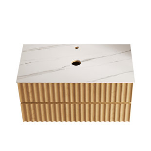 Base de meuble-lavabo flottante murale 35,83 "avec comptoir en pierre frittée et 2 tiroirs, base de meuble-lavabo mural en bois avec tuyau d'évacuation, assemblage facile