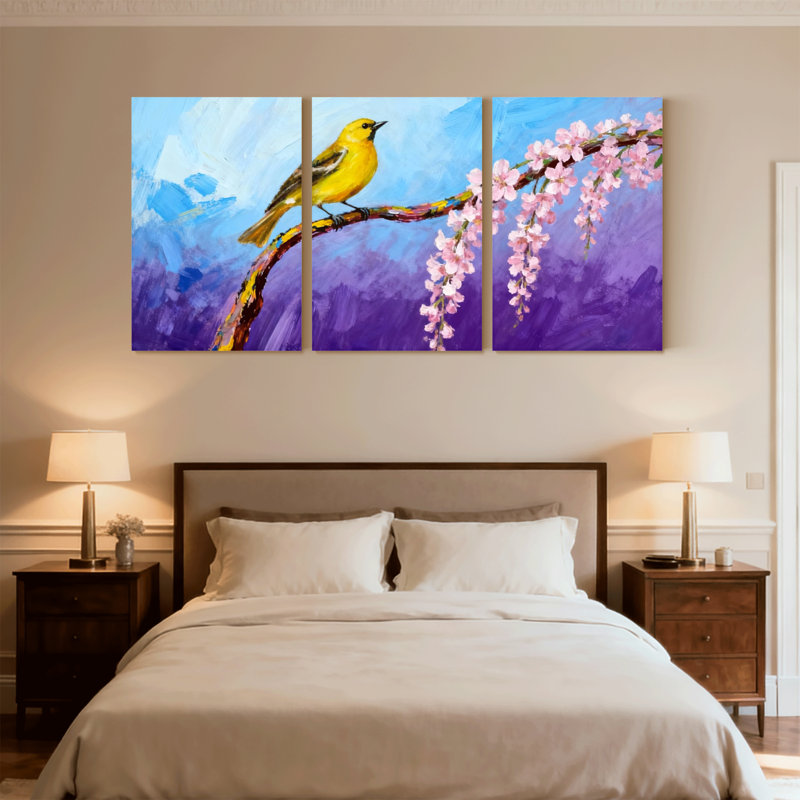 Oiseaux oiseaux jaunes perchés sur une branche de fleur, ensemble de 3 impressions sur toile, H 30 po x l 60 po